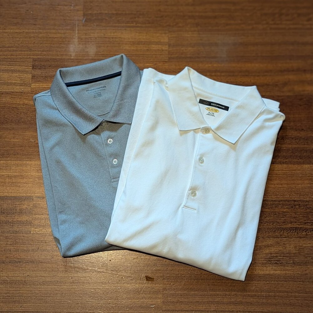 TWO XL MEN'S POLO SHIRTS-AMAZON ESSENTIALS/(GREY)NWT & GREG NORMAN(WHITE)GOOD
